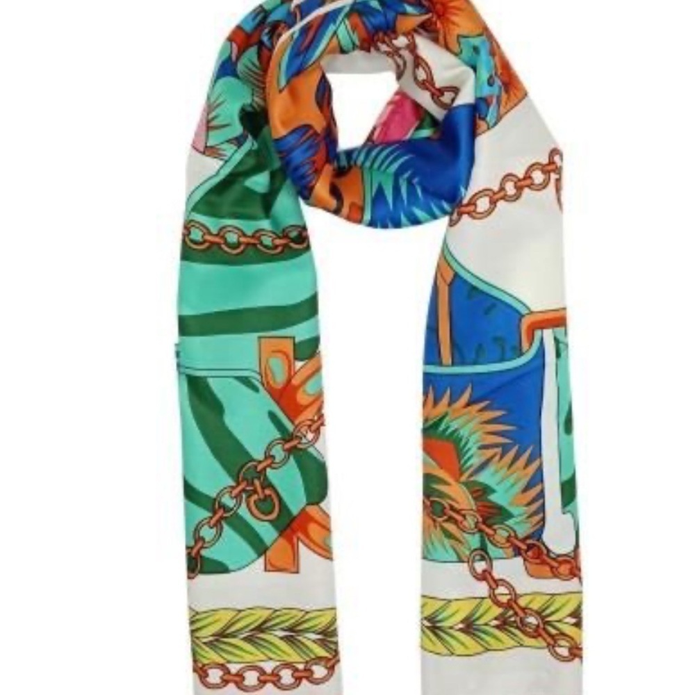 Vibrant Blue and Green Scarves with Botanical and Geometric Designs - Picture 2 of 6